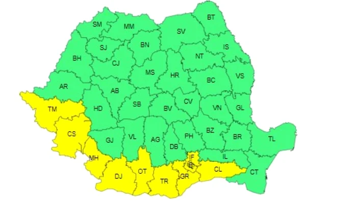 Harta cu județele aflate sub Codul galben de caniculă.