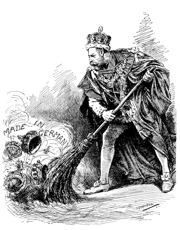 A 1917 Punch cartoon depicting King George V sweeping away his German titles png png