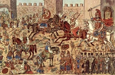 Împăratul Constantin al XI-lea Paleologul (călare) îi înfruntă pe turcii care au pătruns în Constantinopol. Pictură de Theophilos Hatzimihail (© Theofilos Museum / Μουσείο Θεόφιλου / Wikimedia Commons)
