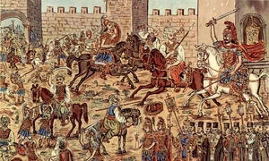 Împăratul Constantin al XI-lea Paleologul (călare) îi înfruntă pe turcii care au pătruns în Constantinopol. Pictură de Theophilos Hatzimihail (© Theofilos Museum / Μουσείο Θεόφιλου / Wikimedia Commons)