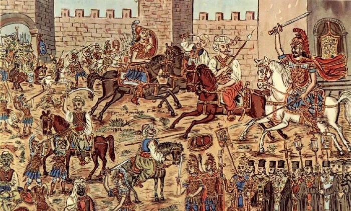 Împăratul Constantin al XI-lea Paleologul (călare) îi înfruntă pe turcii care au pătruns în Constantinopol. Pictură de Theophilos Hatzimihail (© Theofilos Museum / Μουσείο Θεόφιλου / Wikimedia Commons)