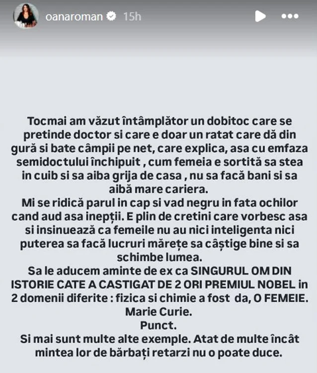 Mesajul publicat de Oana Roman / foto: Instagram