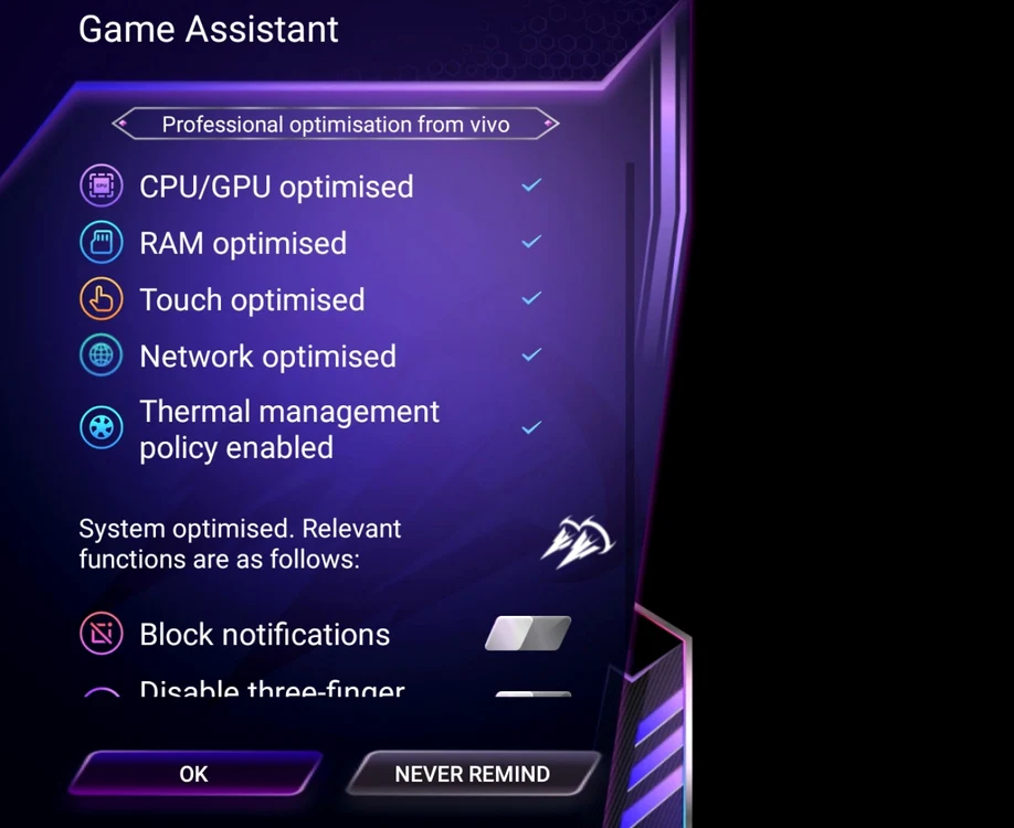 Vivo Y70  Game Assistant 