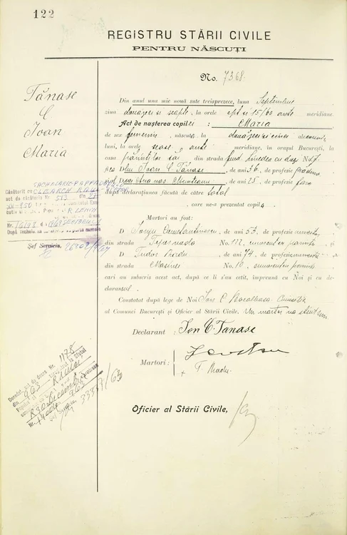 Certificatul de naștere al Mariei Tănase, fiica Anei și a lui Ion Coandă Tănase (© ANR, SMBAN, fond Registrul de Stare civilă născuți 1913, dosarul 20/1913, f. 122)