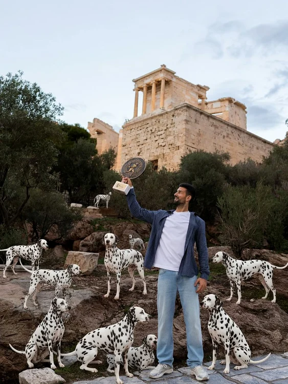 Novak Djokovic s-a fotografiat pe Acropola din Atena alături de niște câini dalmațieni.