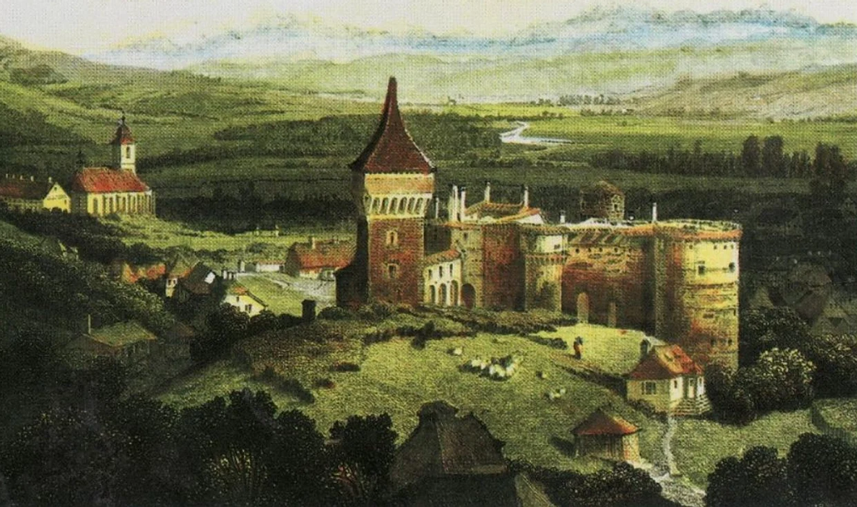 Castelul Corvinilor. Gravură de la mijlocul secolului al XIX-lea. 