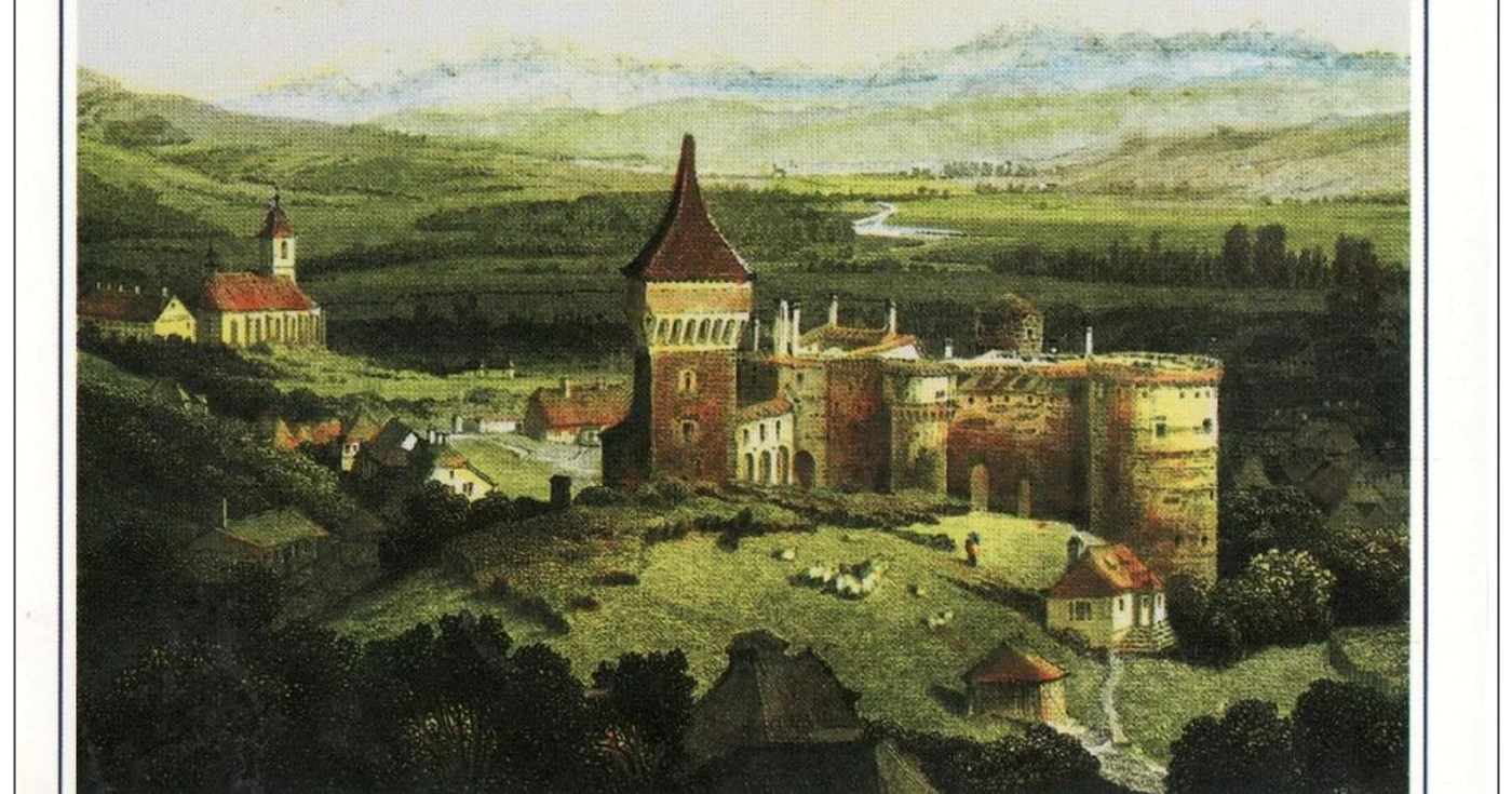 Castelul Corvinilor după incendiul din 1854. SURSA: delcampe.net.