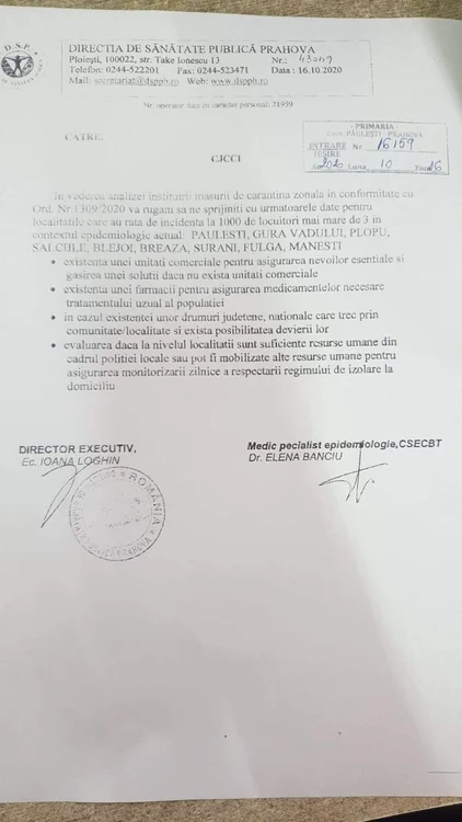 DSP Prahova a trimis pe 16 octombrie o circulară către Primăria Păulești să se pregătească de o posibilă carantinare