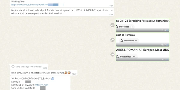 Înșelătorie pe Whatsapp cu like uri pe Youtube sursă Bitdefender jpg