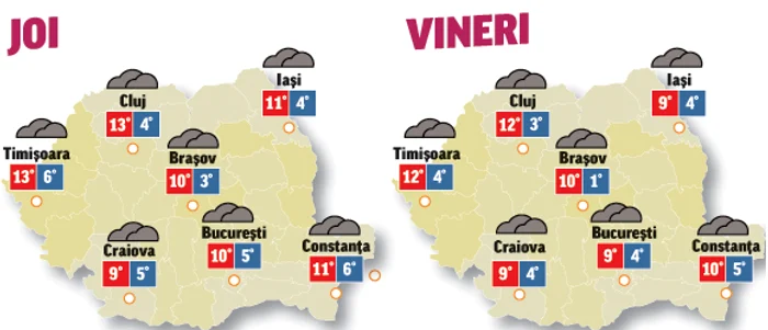 În urmăroarele două zile cerul se va menține acoperit, însă precipitații vor cădea cu totul izolat