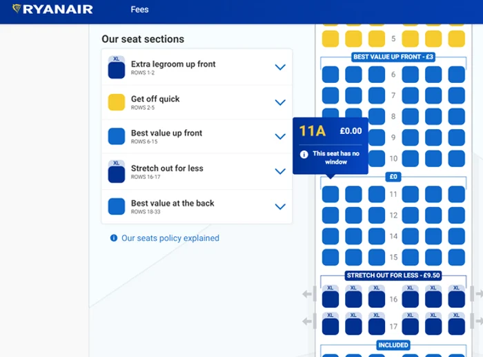 Locul 11 A nu are fereastră - Foto Screenshot Ryanair.com