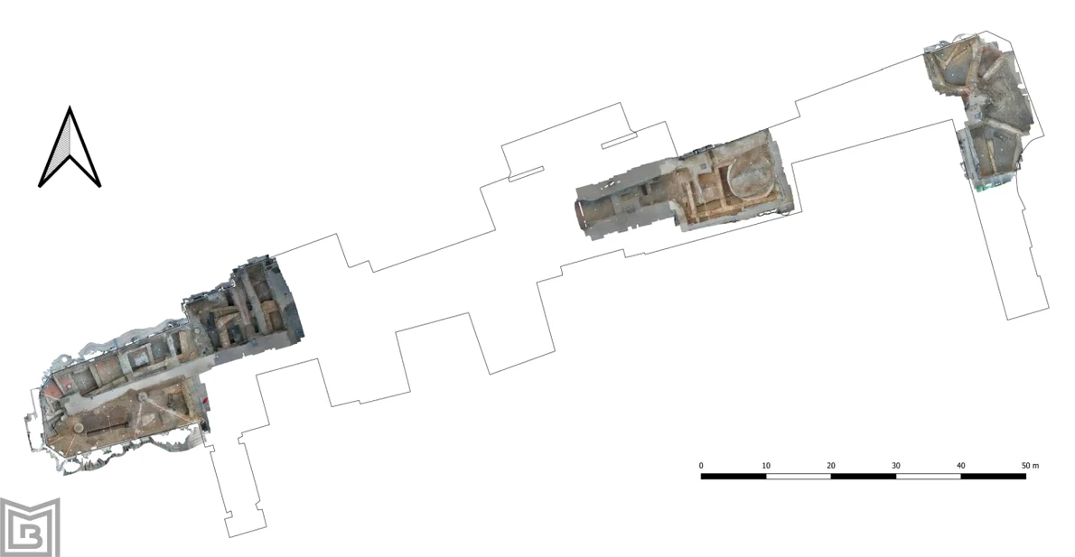 Suprapunere ale ortofotoplanurilor obținute pentru zonele excavate peste planul curții interioare (foto: Muzeul Municipiului București)