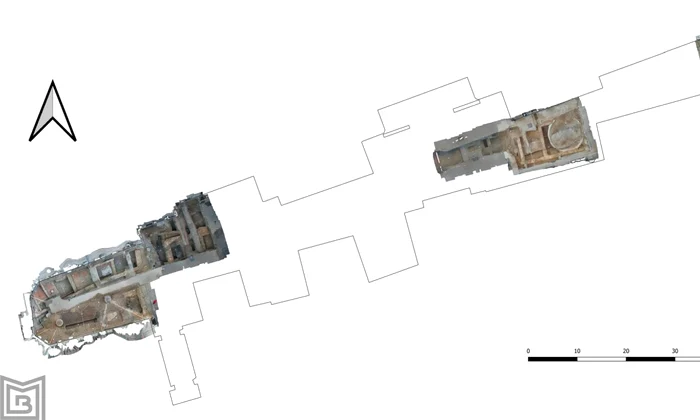 Suprapunere ale ortofotoplanurilor obținute pentru zonele excavate peste planul curții interioare (foto: Muzeul Municipiului București)  