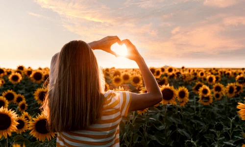 back view woman making heart shaped hands sunset jpg
