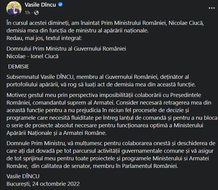 Vasile Dîncu a anunțat pe Facebook că și-a dat demisia din funcția de ministru al Apărării