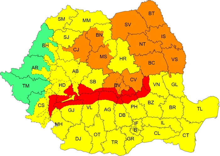Județele vizate de avertizări. FOTO ANM
