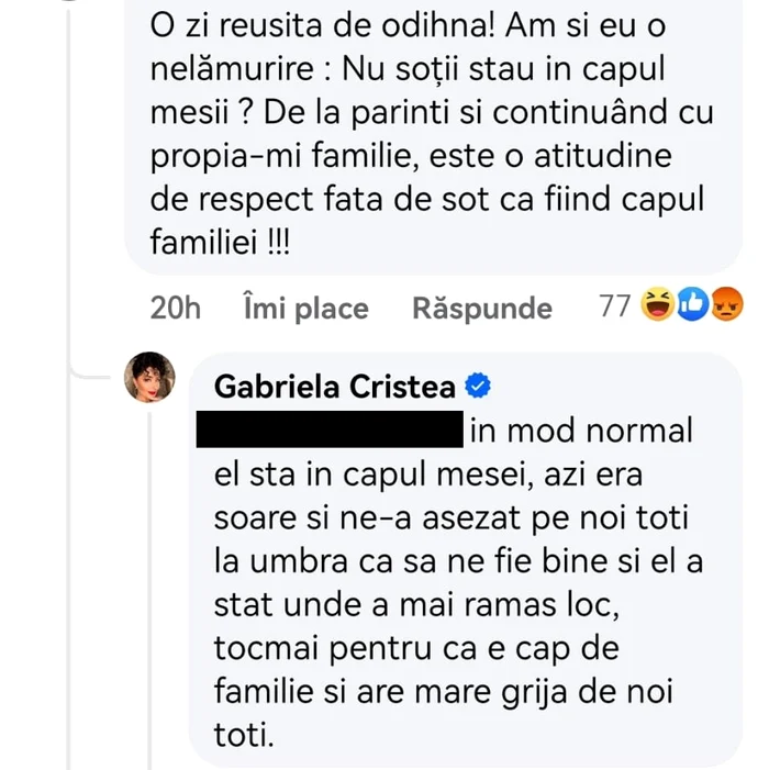 Comentariul primit și răspunsul oferit de Gabriela Cristea / foto: Captură Facebook