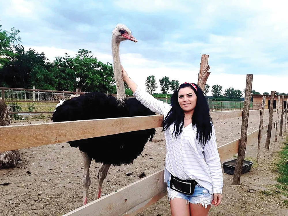Cătălina îşi răsfaţă  unul dintre  struţii favoriţi. Foto: adevarul.ro