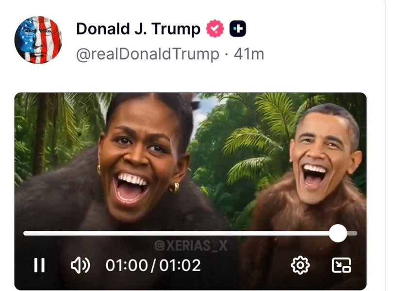 Președintele american distribuie un videoclip cu soții Obama prezentați ca maimuțe. „Să-l bântuie pe Trump și pe susținătorii săi rasiști”
