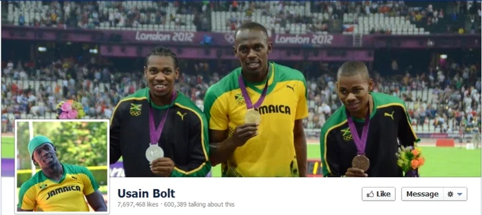 Pagina personală de Facebook a lui Usain Bolt are peste 7,6 milioane de fani.