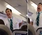 Americanul Michael McAdam însoţitorul de bord şi veteran al companiei WestJet prezentându-şi numărul comic cu instrucţiunile de zbor Foto captură video