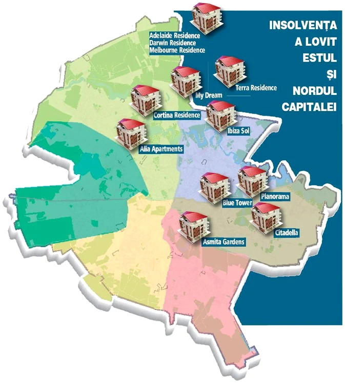 Harta ansambluri rezidenţiale, intrate în insolvenţă / sursă foto: zf.ro 