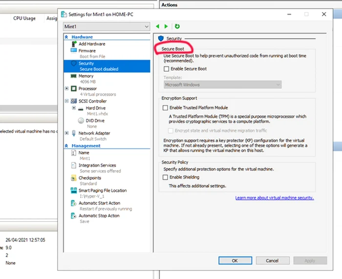 Secure boot dezactivat în Hyper-V