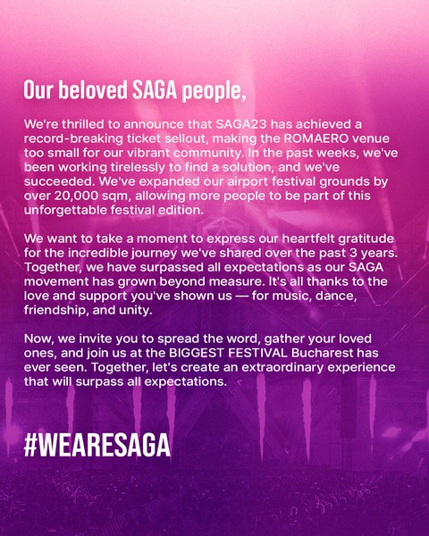 SAGA Festival. Record de bilete vândute și extinderea spațiului de festival. Loreen, câștigătoarea Eurovision 2012 și 2023, se alătură line-up-ului