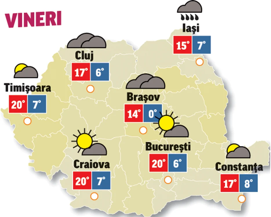 Astăzi se anunță cer acoperit în toată țara, iar spre seară va ploua în unele regiuni, mai ales în cele înalte