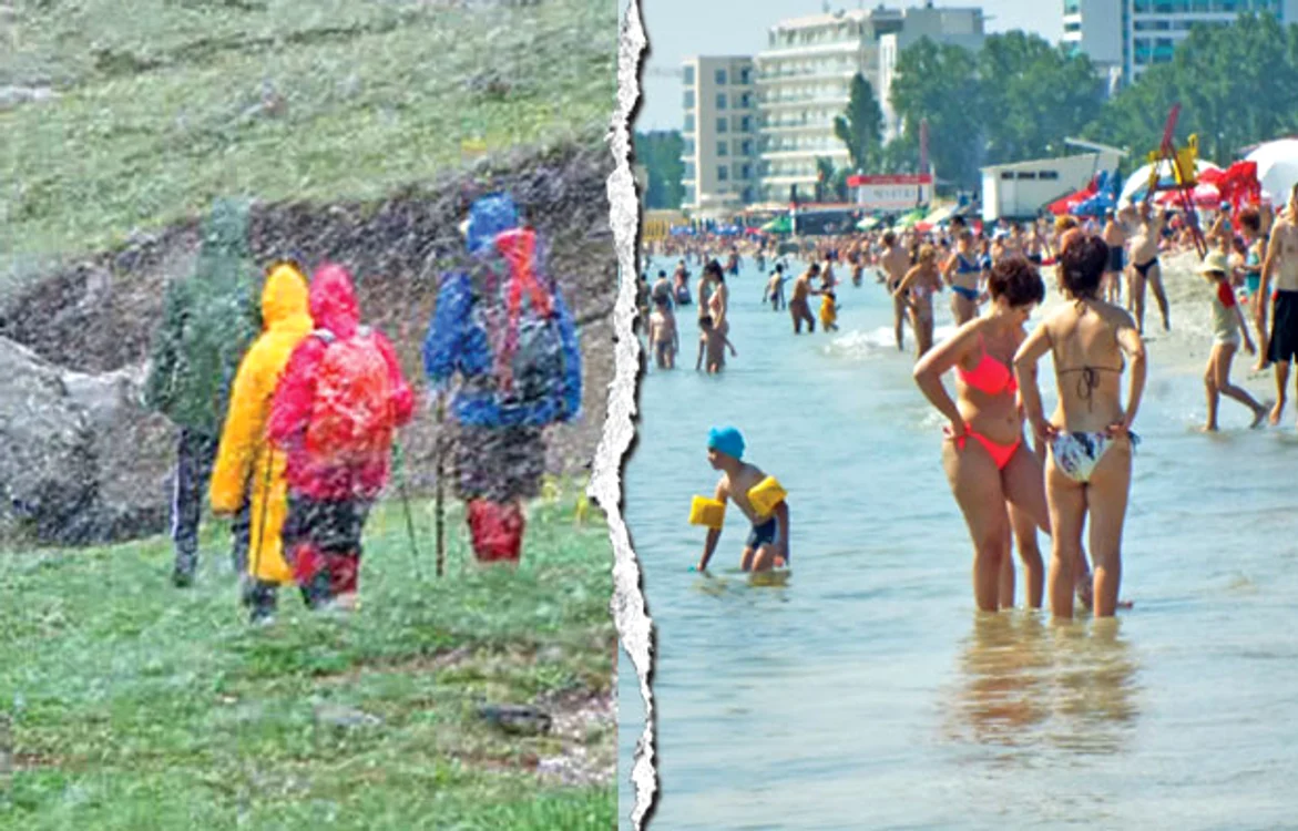 
    În Munţii Bucegi, a nins ca iarna, iar în staţiunea  Mamaia, plaja  era plină Foto Captură  