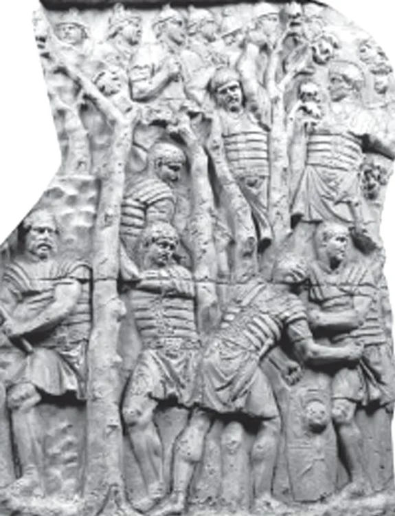 Romanii corindu-și drum prin pădure. Sursa: volumul Columna lui Traian, de Radu Vulpe, 2005