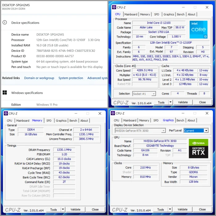 PC desktop Zmeu specificații - capturi din CPU-Z