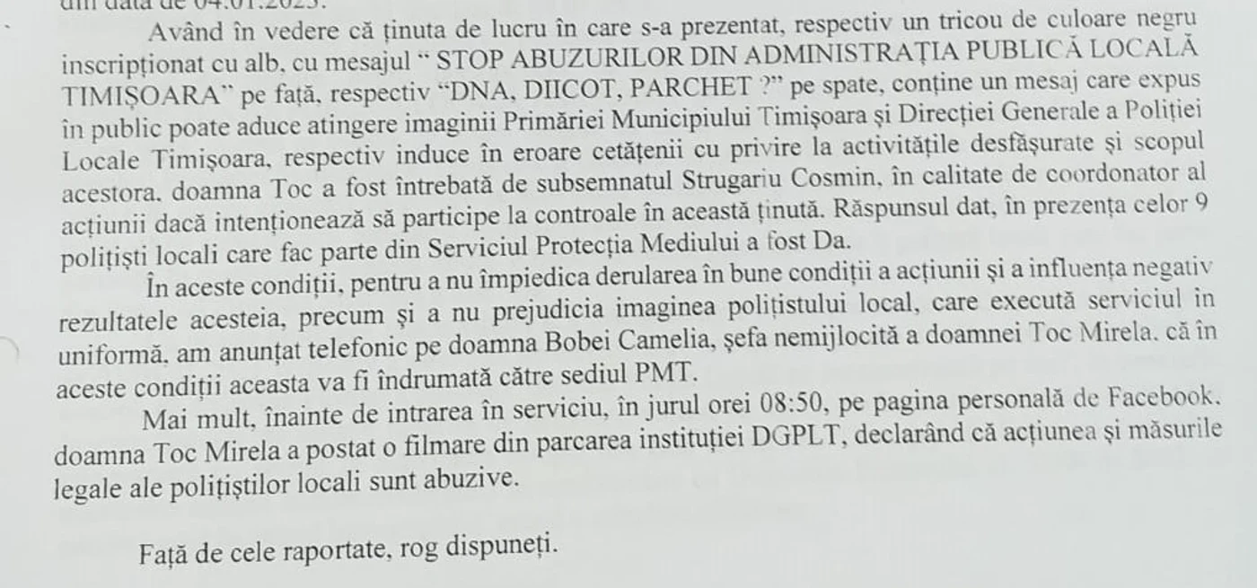 Raport al șefului Serviciului Protecția Mediului din Poliția Locală Timișoara