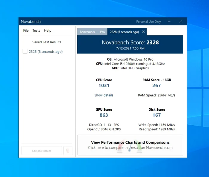 Testul Novabench pe Windows 10