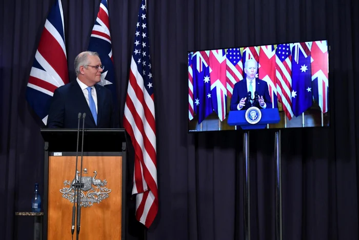 Scott Morrison discutând cu Joe Biden pe tema pactului AUKUS FOTO EPA-EFE