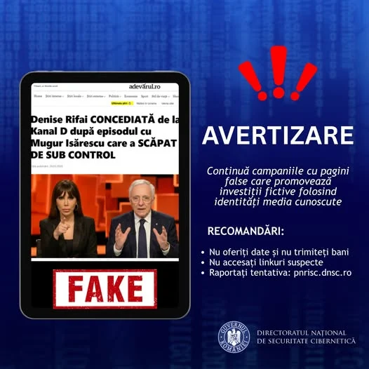 DNSC avertizează asupra unor tentative de fraudă online folosind pagini web falsificate ale unor entități media