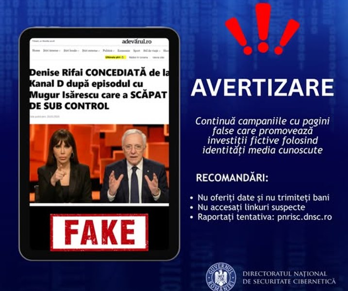 DNSC avertizează asupra unor tentative de fraudă online folosind pagini web falsificate ale unor entități media