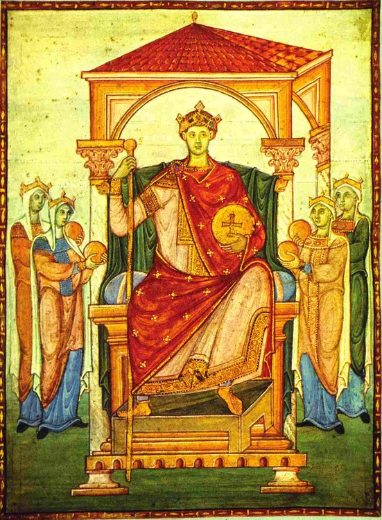 Împăratul Otto al III-lea. Miniatură din Evanghelia din Bamberg, anul 1000