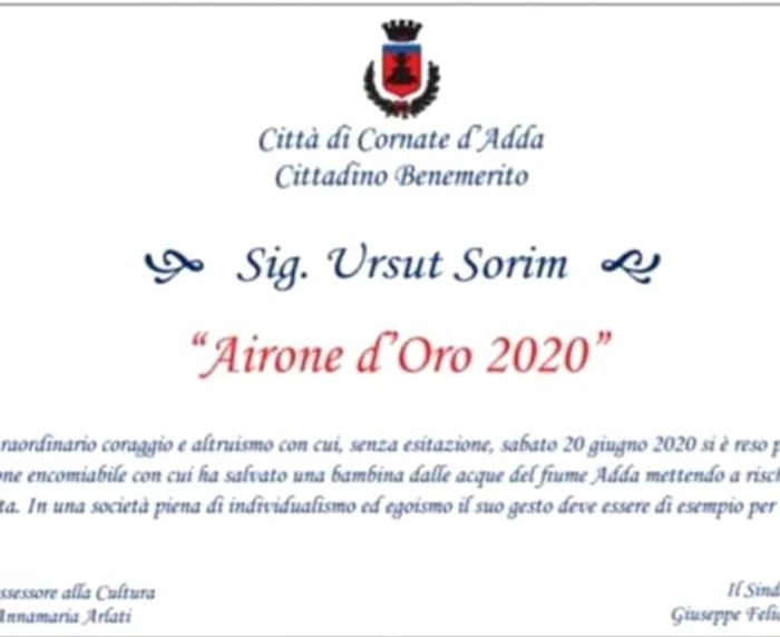 Diploma primită de românul Sorin UrsuțFoto: Il Giorno