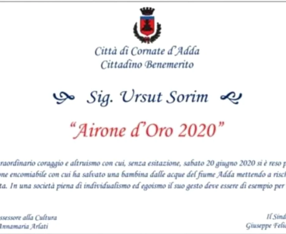
    Diploma primită de românul Sorin UrsuțFoto: Il Giorno  