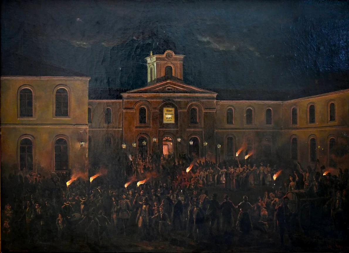 Copie realizată de Adina Paula Moscu în anul 1969 după  tabloul „Hora Unirii la Craiova”, pictat de Theodor Aman. Colecția Muzeului Olteniei Craiova
