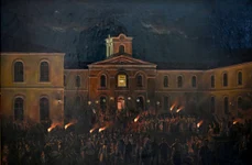 Copie realizată de Adina Paula Moscu în anul 1969 după  tabloul „Hora Unirii la Craiova”, pictat de Theodor Aman. Colecția Muzeului Olteniei Craiova