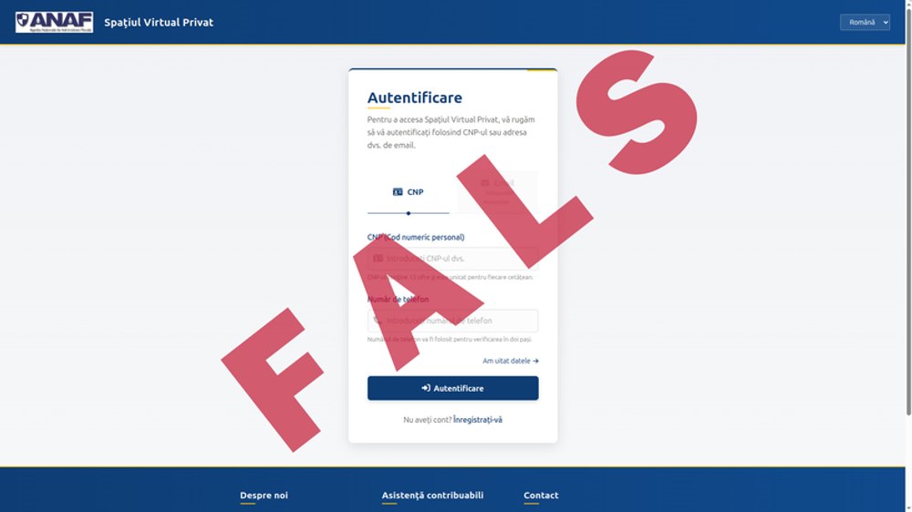 Înșelăciune în numele ANAF. Un site fals care imită identitatea Fiscului colectează ilegal date personale 