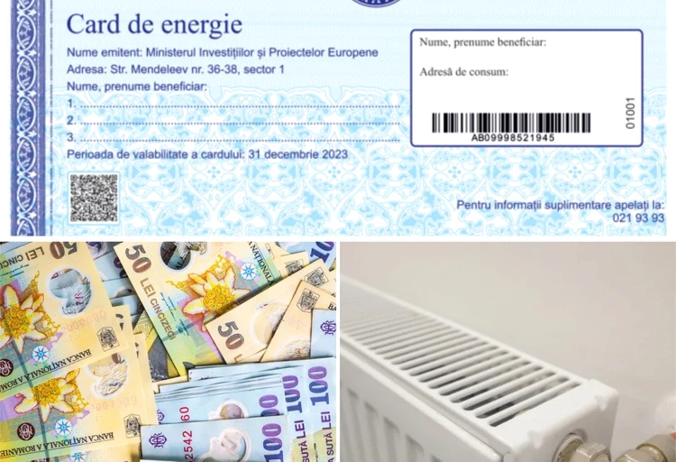 Poza este formată din 3 imagini: cardul de energie, bani și un calorifer