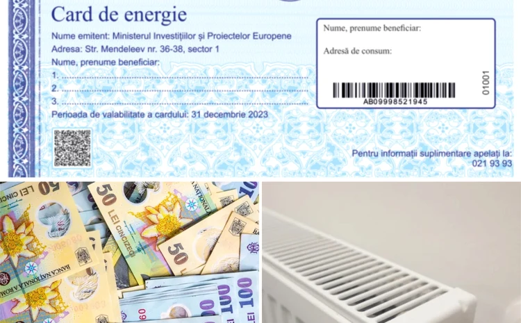 Poza este formată din trei imagini: cardul de energie, bani și un calorifer