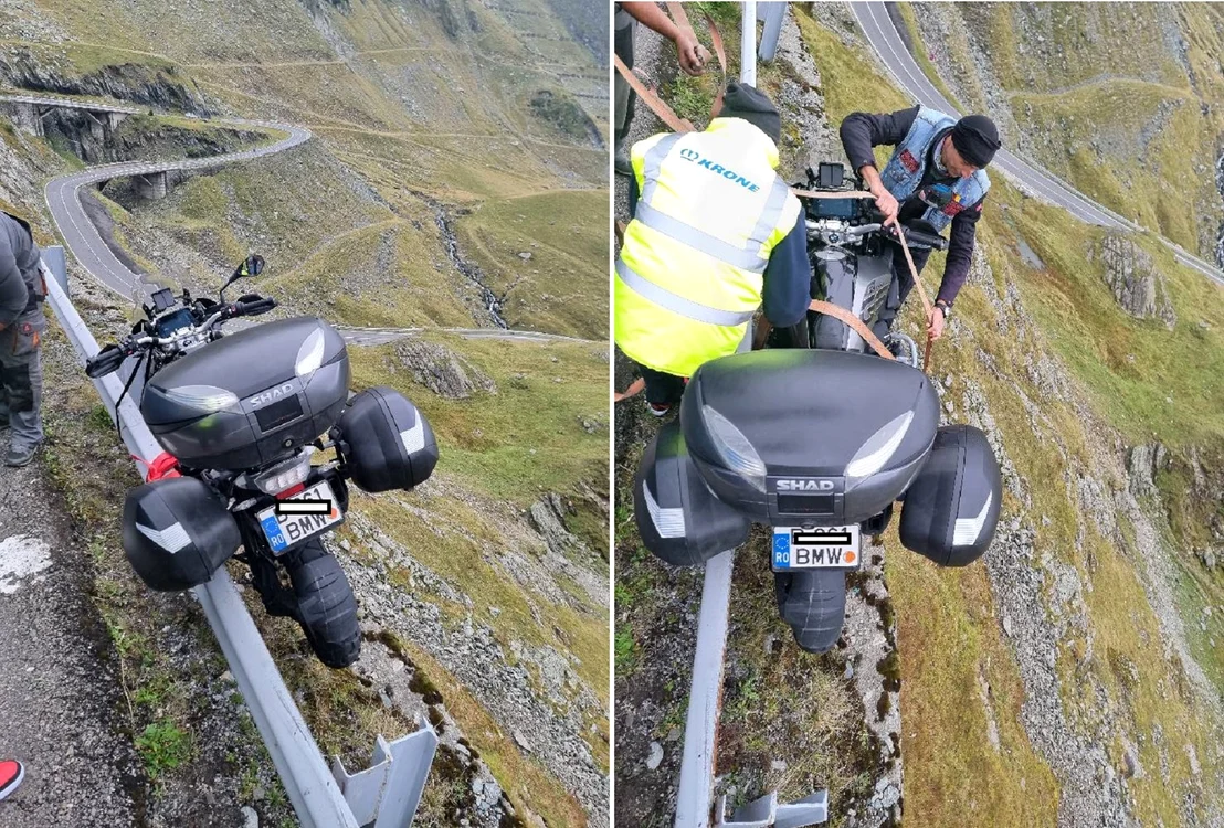 Turist american suspendat cu motocicleta pe Transfăgărășan deasupra prăpastiei COLAJ Timotour