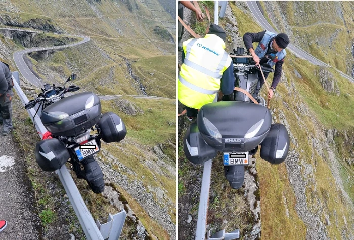 Turist american suspendat cu motocicleta pe Transfăgărășan deasupra prăpastiei COLAJ Timotour