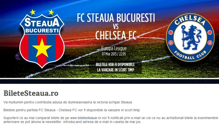 Pe site-ul biletesteaua.ro meciul Steaua - Chelsea e deja „sold-out“