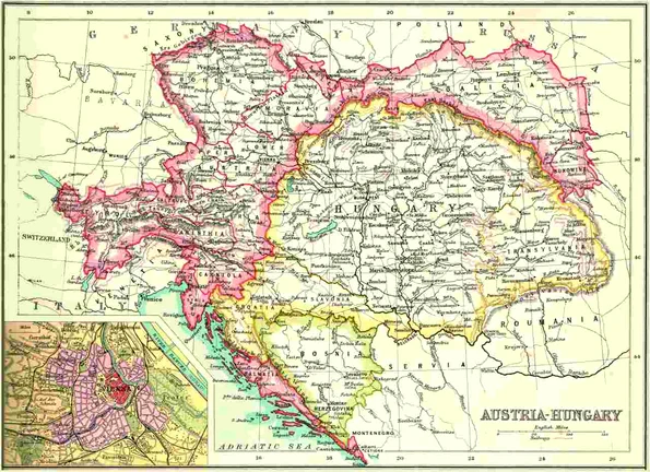 Harta Austro-Ungariei, la 1902; în medalion, Viena. Din The Century Atlas of the World [John Walker & Co, Ltd., London, 1902]. Sursa: Getty Images