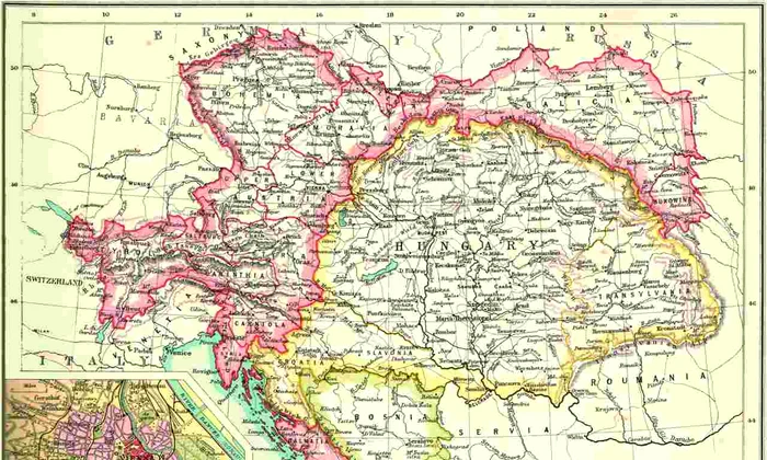 Harta Austro-Ungariei, la 1902; în medalion, Viena. Din The Century Atlas of the World [John Walker & Co, Ltd., London, 1902]. Sursa: Getty Images